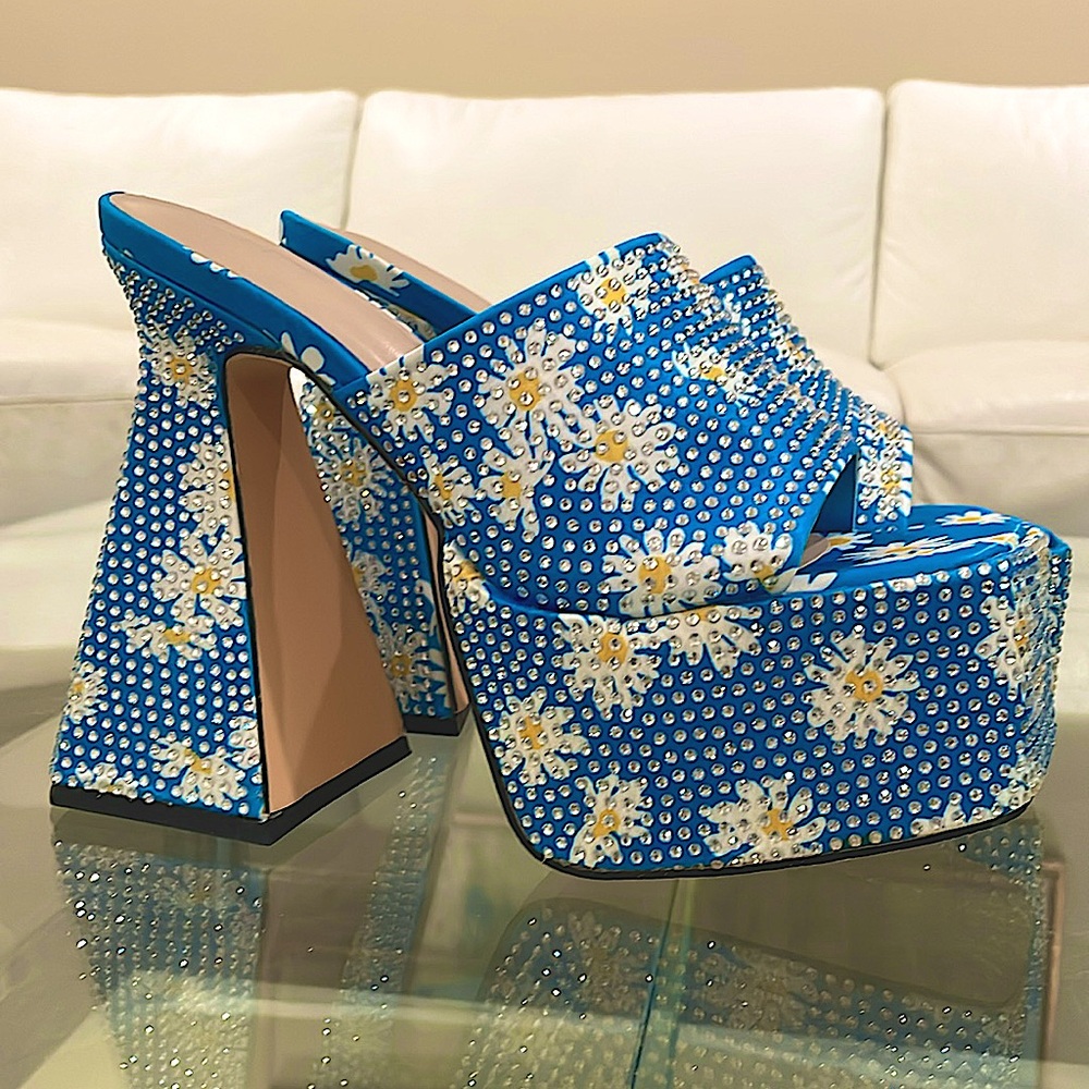 Custom made 6” block flare heels TURQUOISE rhinestone studded club mules NIB 8